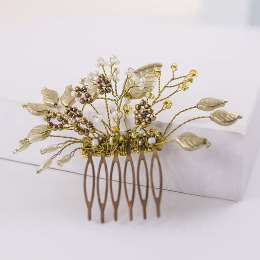 Alquiler de tocado mini Peineta florecer dorado