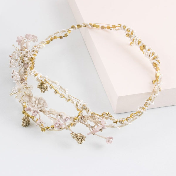 Corona de porcelana garden blanco rosa oro