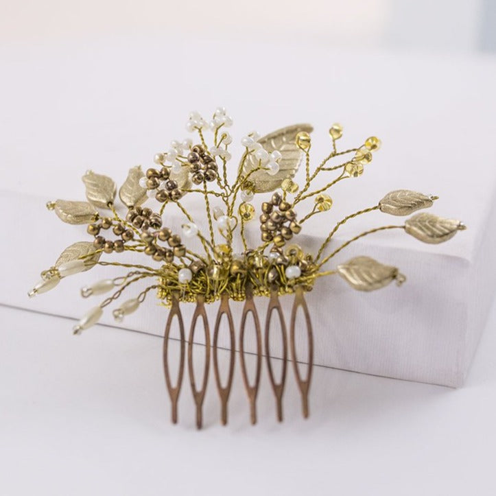 Peineta florecer con hojas oro