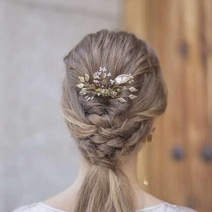 Alquiler de tocado mini Peineta florecer dorado