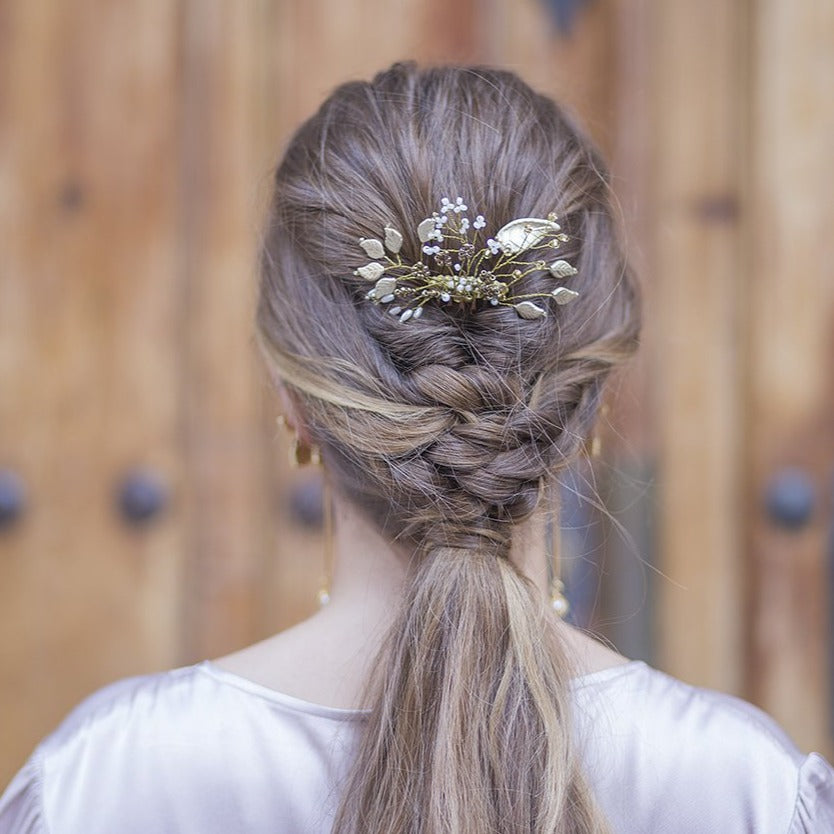 Peineta florecer con hojas oro