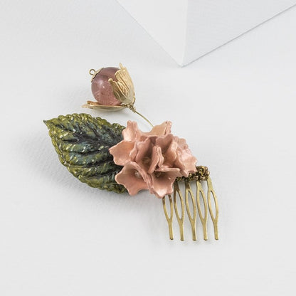 Peineta porcelana flor de tabaco coral y oro