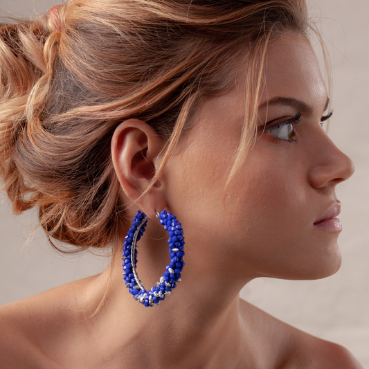 Pendientes aro CORAL tejidos azul y plata